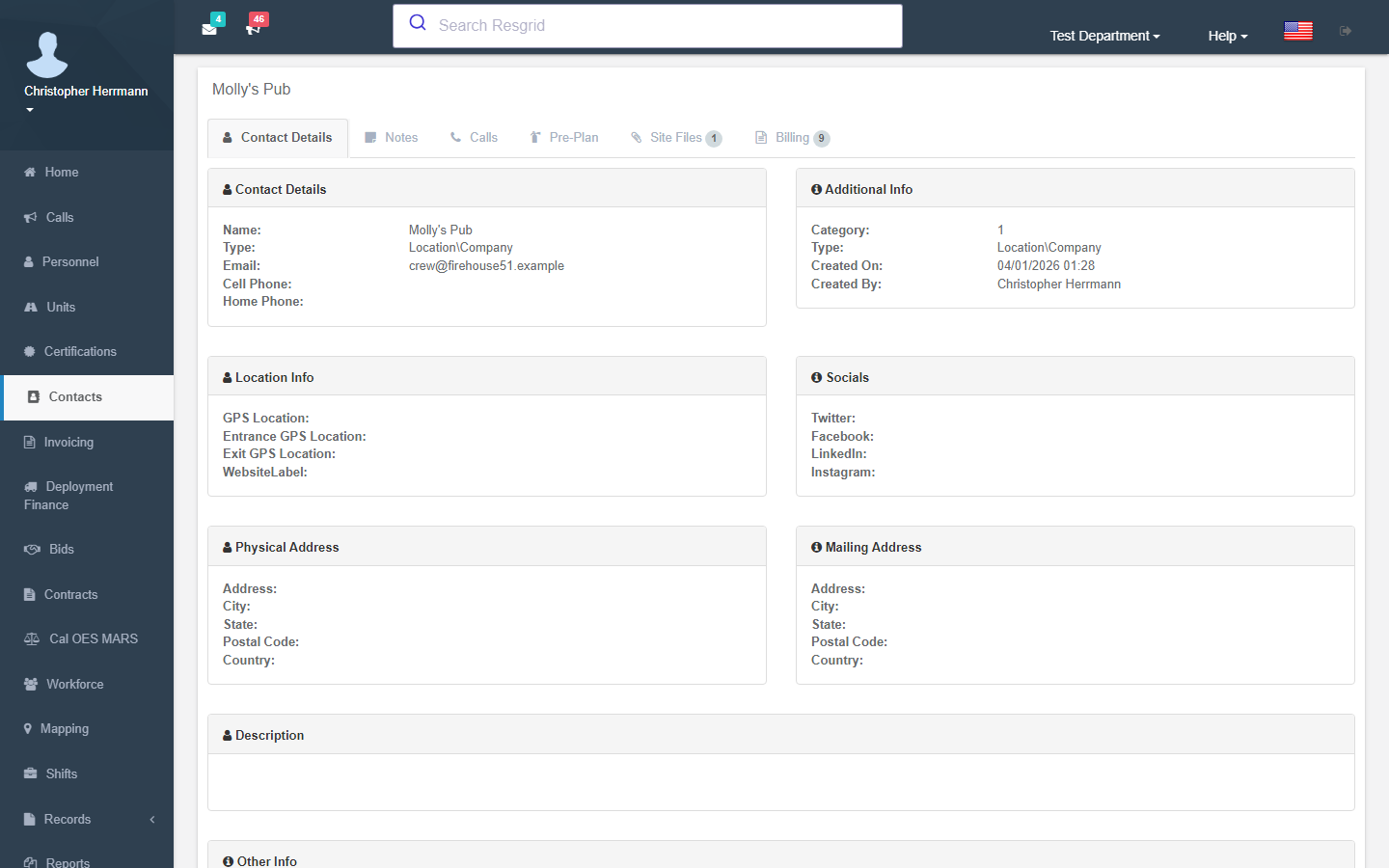 Contacts, organizations, sites, and preplans as shared facts